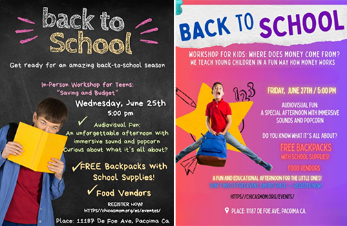 Flyer 1 - Chicas Mom Back to School event June 25; Flyer 2 - Chicas Mom Back to School event June 27