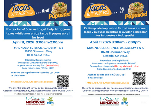Tacos &amp; Taxes 2026 English and Spanish Flyer