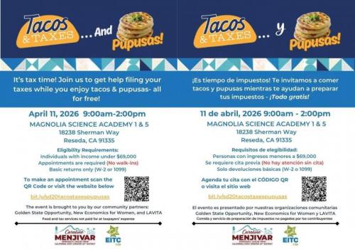 It’s tax time! Join us to get help filing your taxes while you enjoy tacos & pupusas- all for free! 